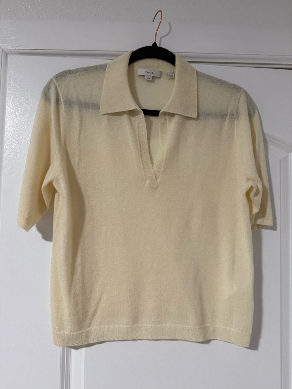 VINCE S M Short Sleeve CASHMERE/SILK Knit Polo in Pale Yellow
